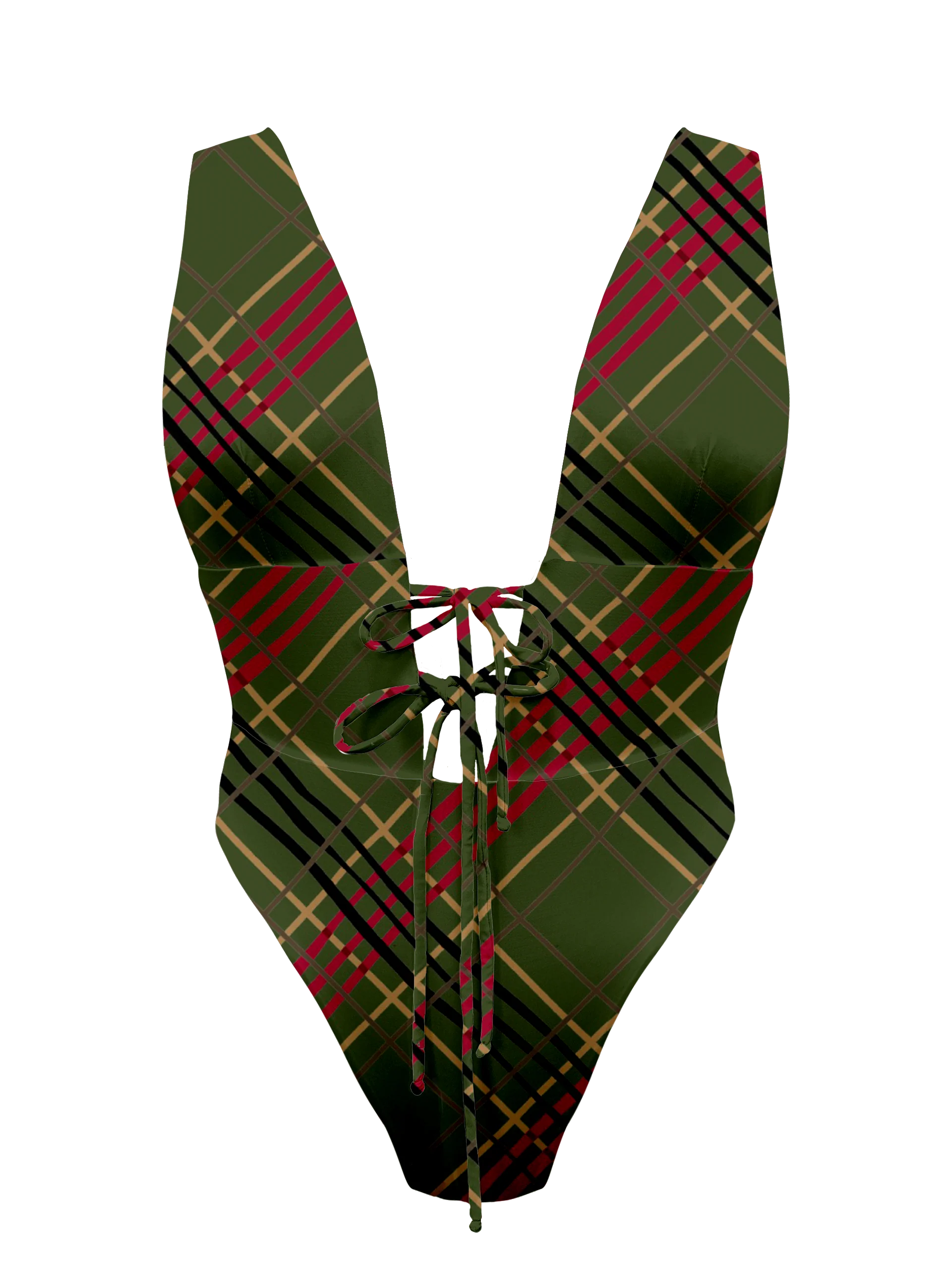 L'Amour Scottish Plaid Plunge Front Tie One Piece Bikini - Image 9